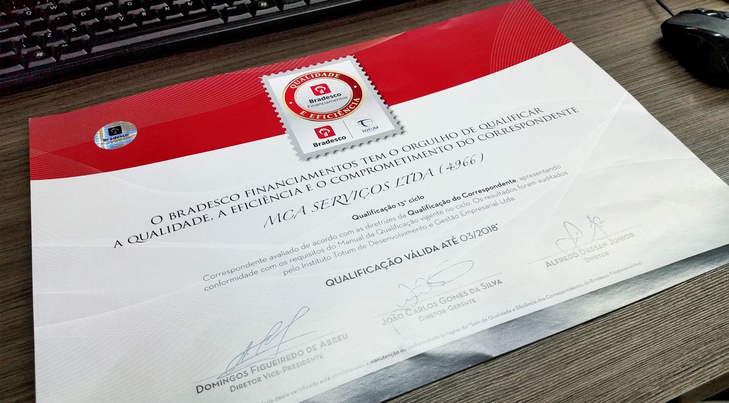 Certificado de reconhecimento do Bradesco Financiamentos
