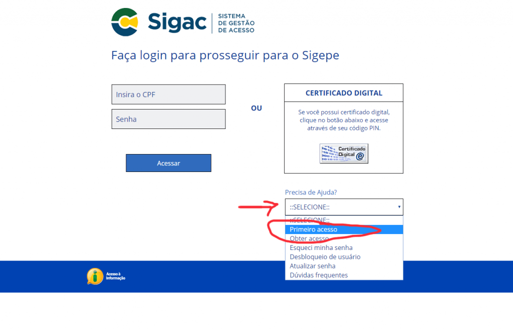 Tela inicial do SIGAC (primeiro acesso)